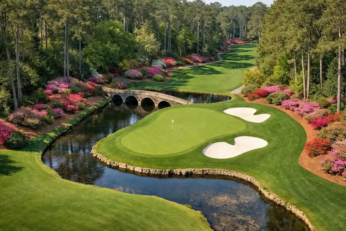 Vista a&eacute;rea del Amen Corner en Augusta National con el hoyo 12