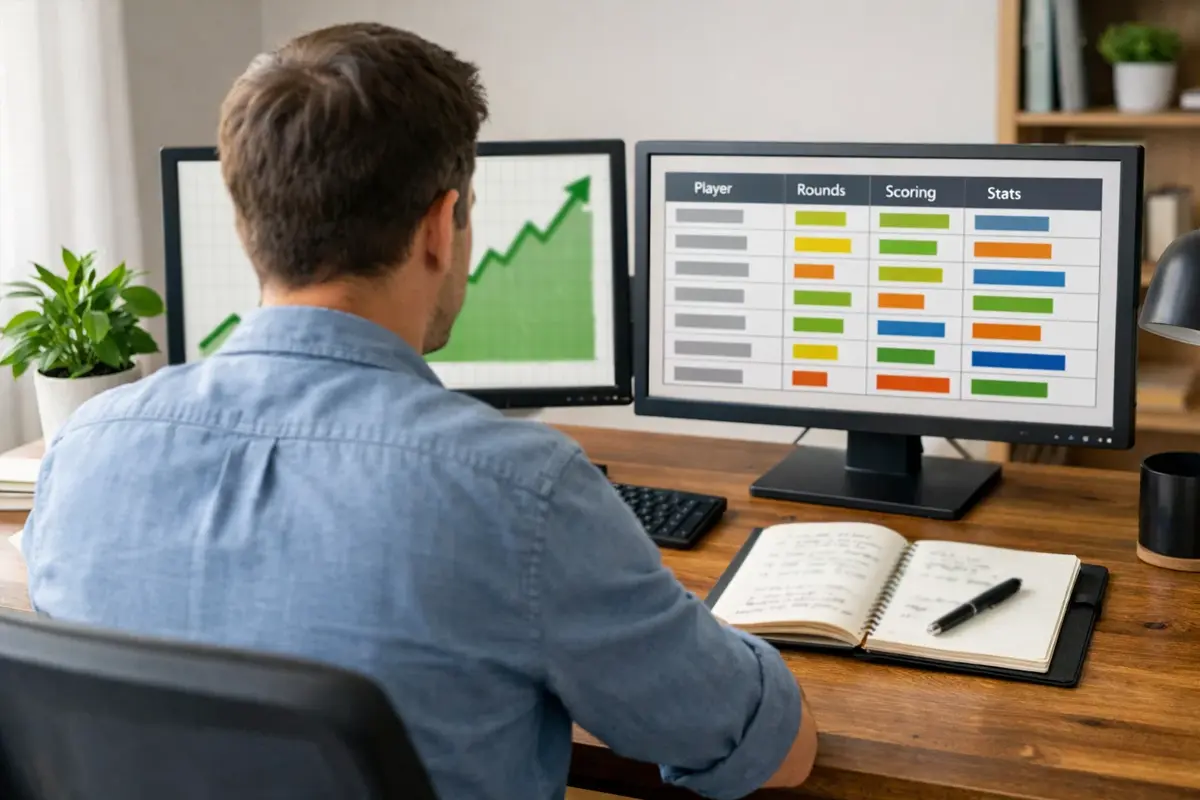 Persona analizando estadísticas y datos de golfistas profesionales