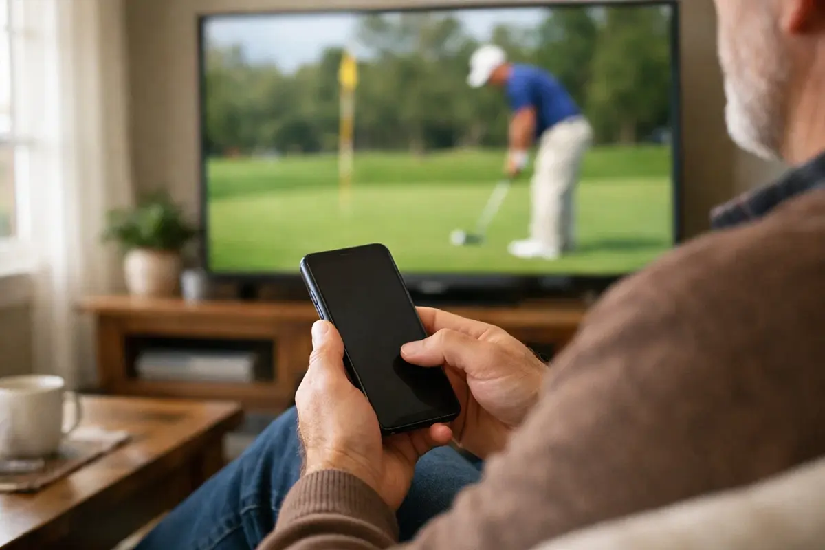 Persona viendo torneo de golf en televisión con smartphone en mano