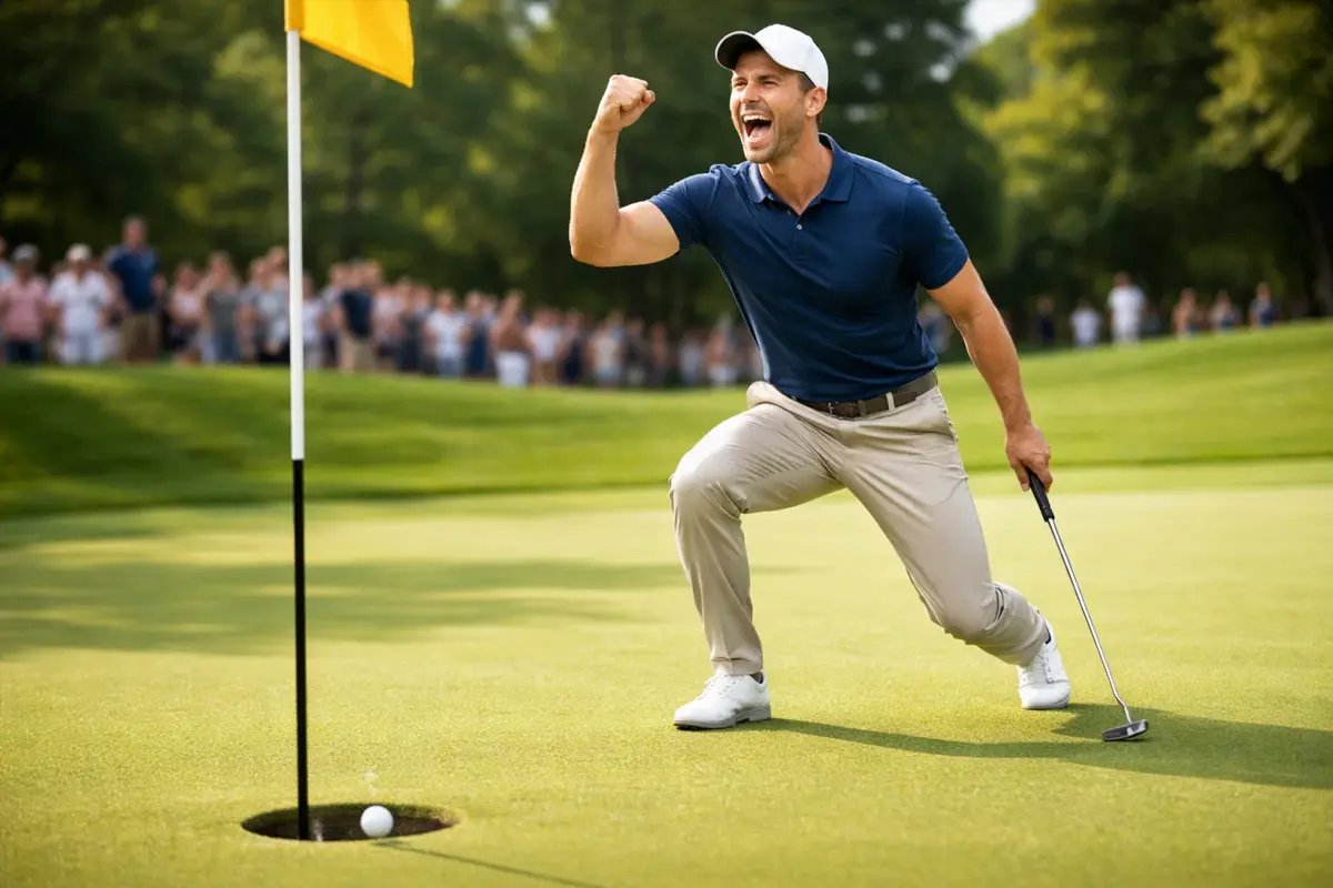Golfista celebrando putt exitoso con puño en alto en green