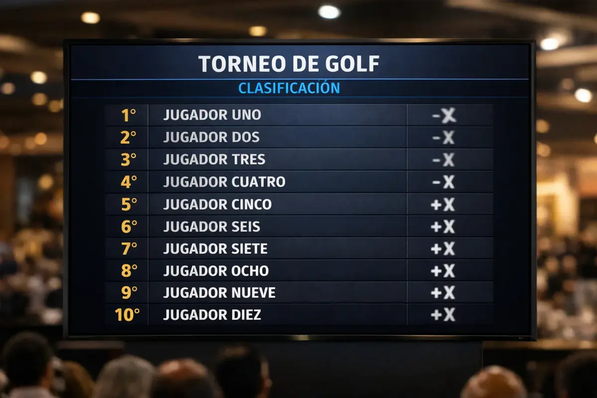 Pantalla mostrando clasificación de torneo de golf con nombres de jugadores