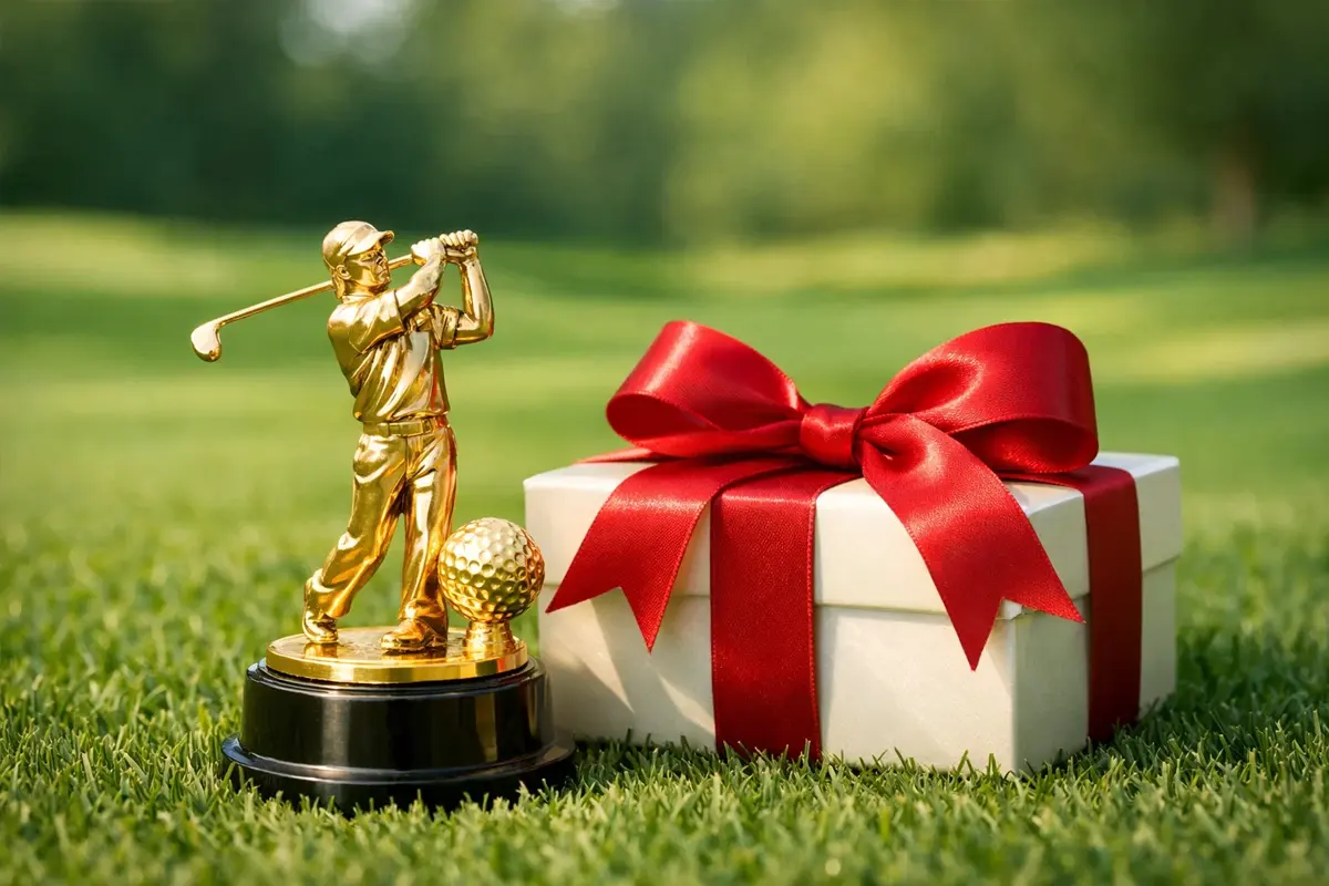 Icono de regalo junto a trofeo de golf dorado sobre fondo verde