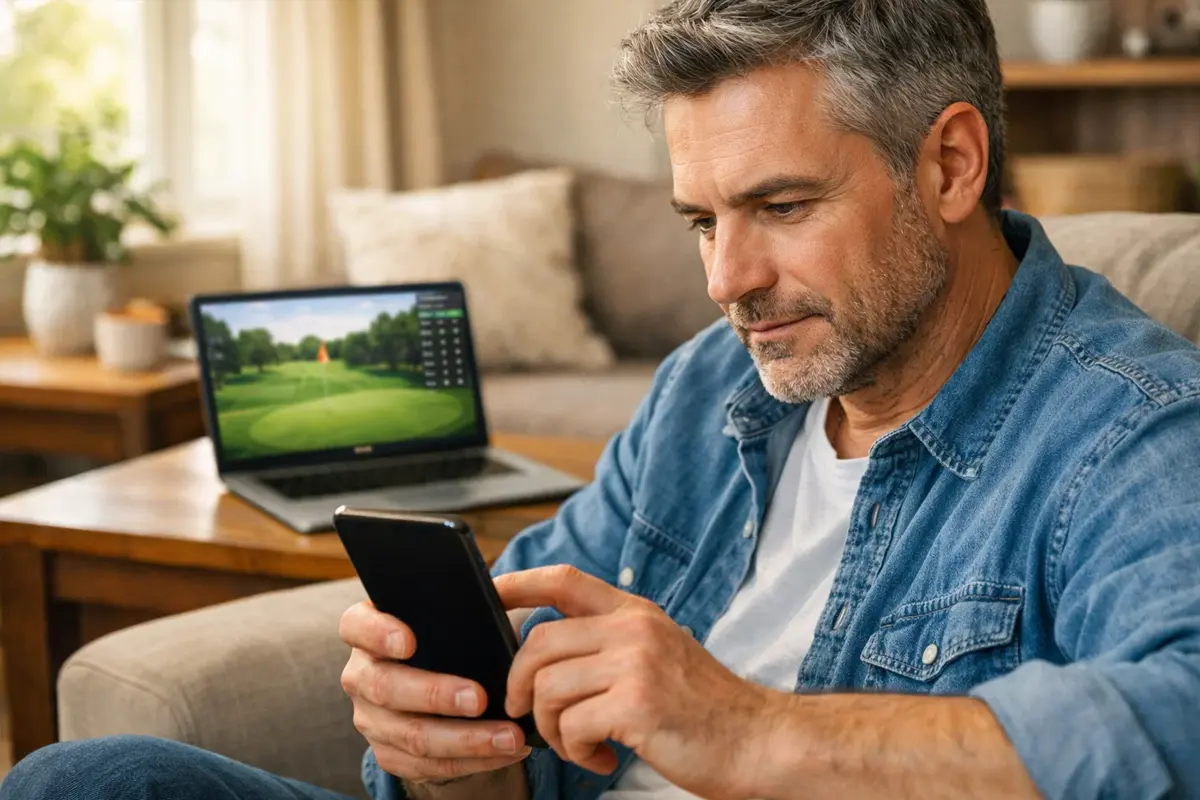 Persona usando smartphone para ver torneo de golf con laptop al lado