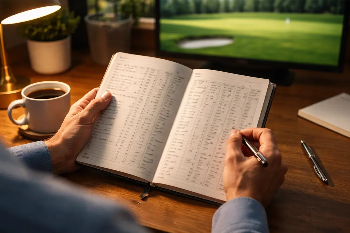 Persona revisando notas y estadísticas de golf en un escritorio con libreta y bolígrafo