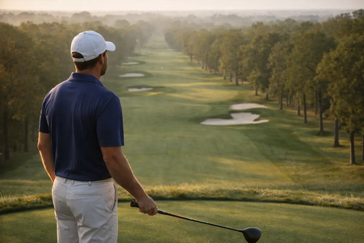 Golfista observando el recorrido de un campo de golf desde el tee de salida en un día soleado