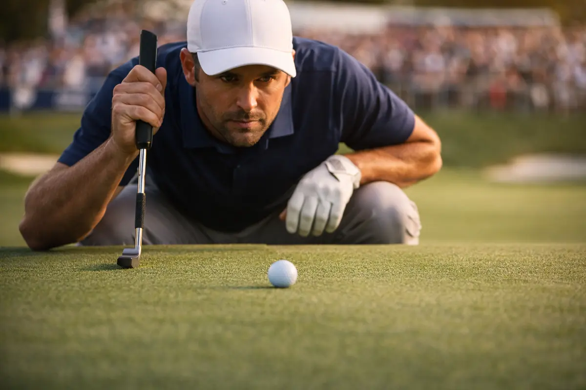 Golfista concentrado analizando la línea de putt en un green durante un torneo profesional