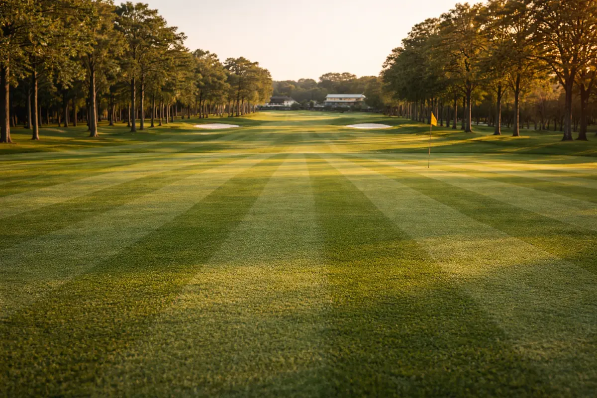 Campo de golf del PGA Tour con fairway verde y bandera al fondo bajo luz dorada