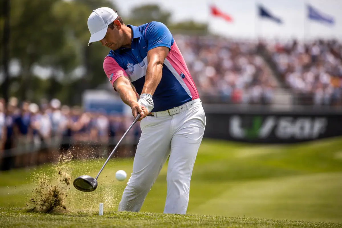 Golfista golpeando la bola en un evento de LIV Golf con público al fondo