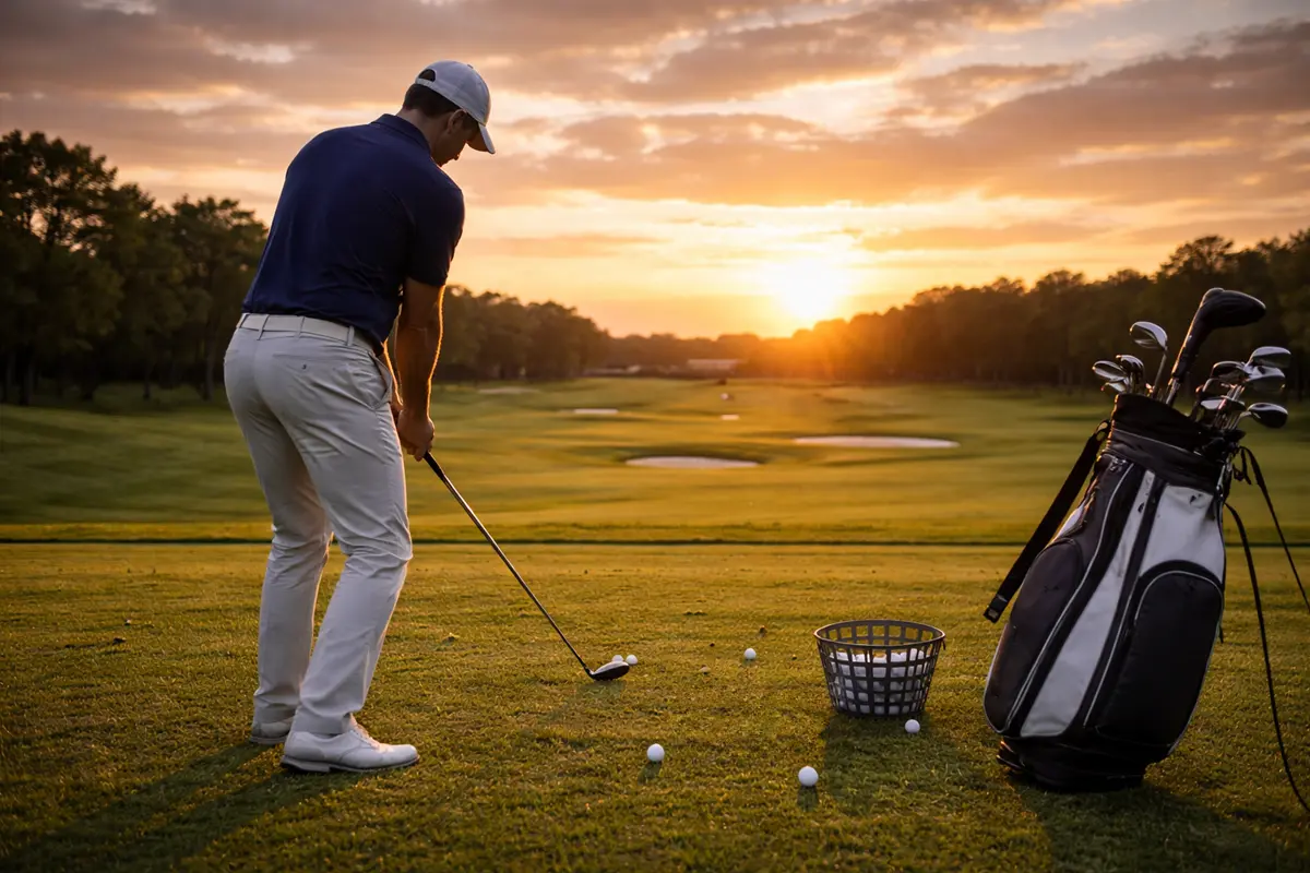 Golfista practicando en el campo de prácticas al atardecer preparando la temporada