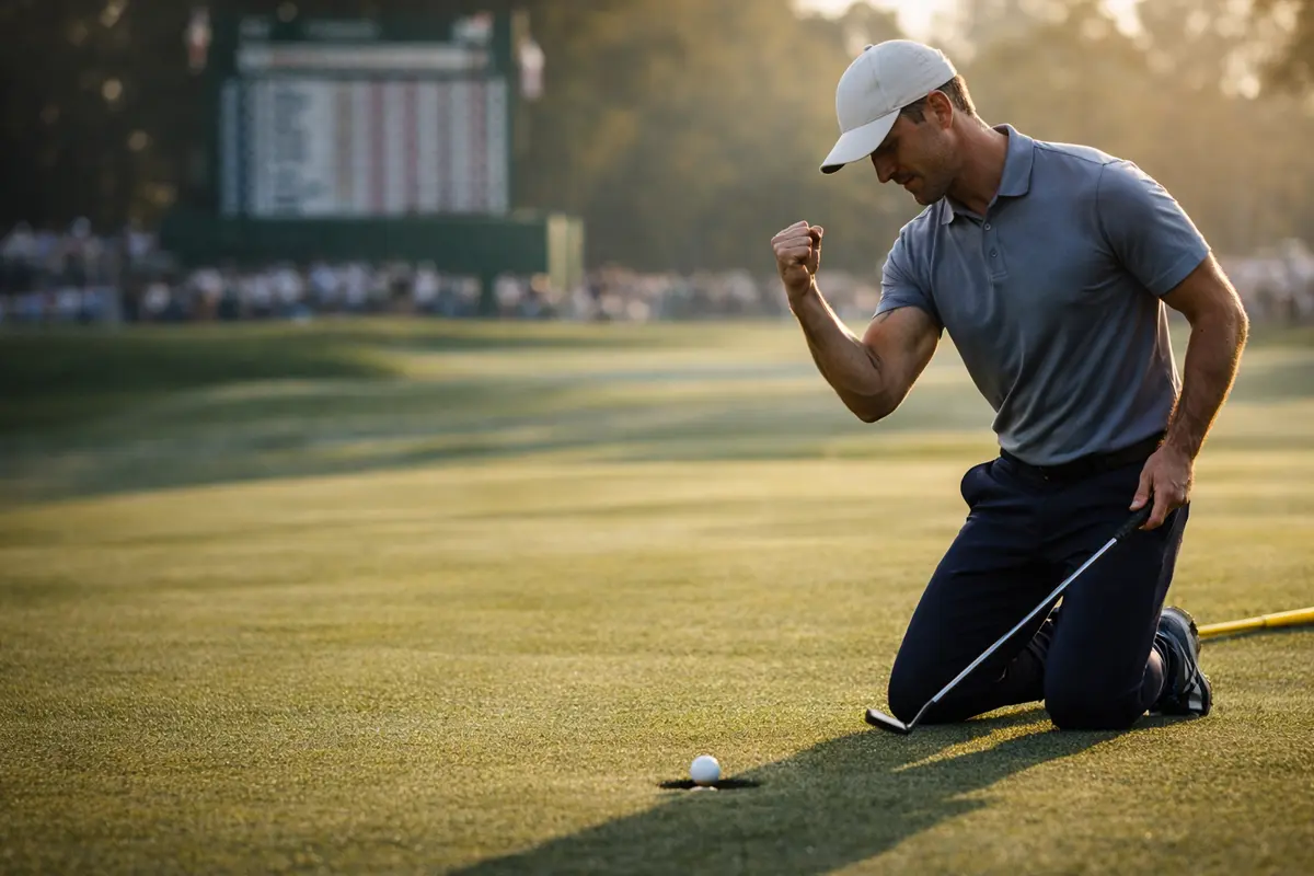 Golfista profesional celebrando un buen golpe en un torneo con público al fondo