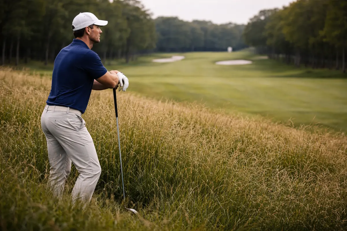 Golfista pensativo apoyado en su palo de golf mirando el recorrido del campo