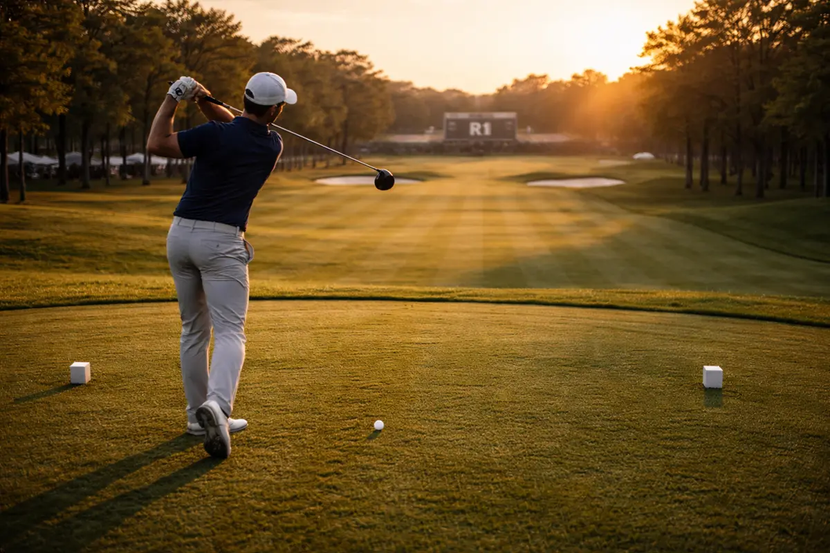 Golfista profesional ejecutando un golpe de salida en la primera ronda de un torneo al amanecer