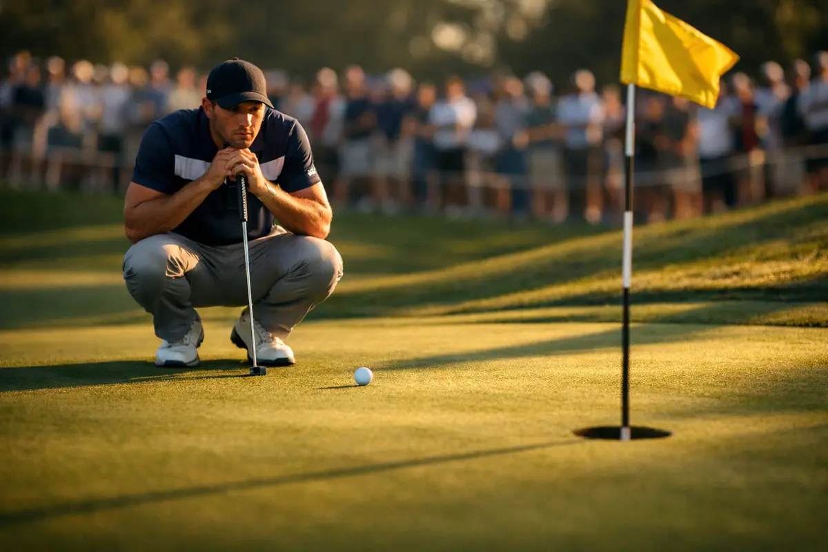 Golfista en el green evaluando su próximo putt durante un torneo de golf profesional