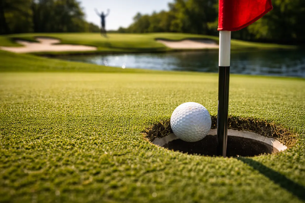 Bola de golf entrando en el hoyo en un par 3 con la bandera ondeando al fondo