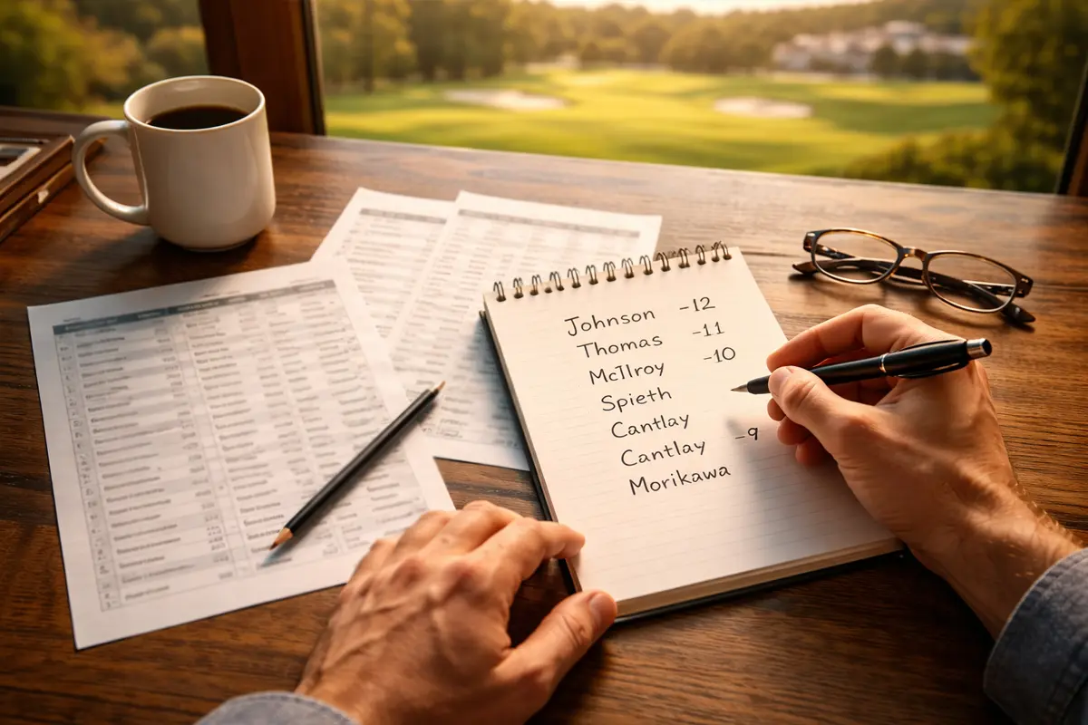 Persona analizando estadísticas de jugadores de golf en un bloc de notas junto a un campo de golf