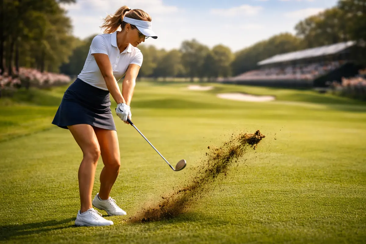 Golfista profesional femenina ejecutando un swing en un campo de campeonato del LPGA Tour