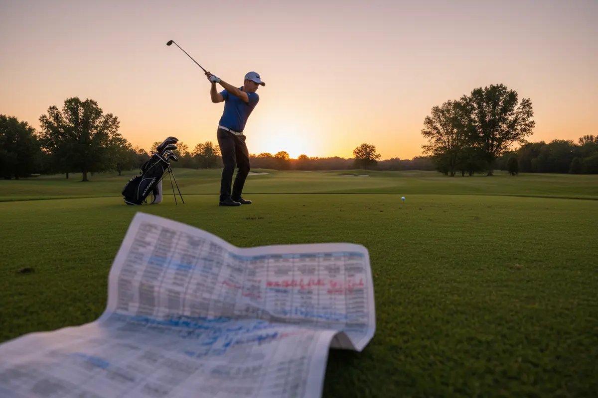 Golfista profesional ejecutando un swing en un campo verde al atardecer con una hoja de datos en primer plano