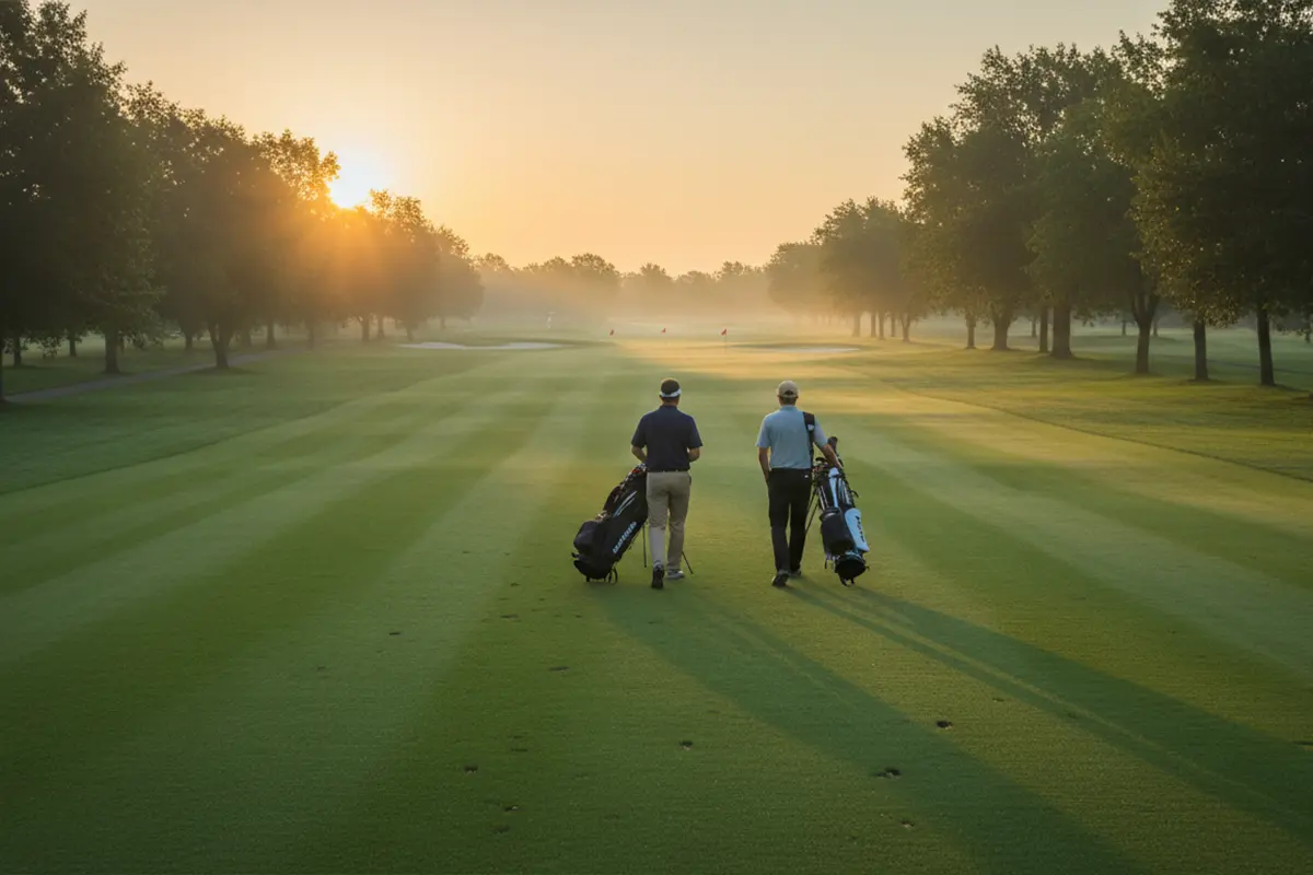 Dos golfistas caminando por un fairway verde al amanecer con banderas de hoyos al fondo