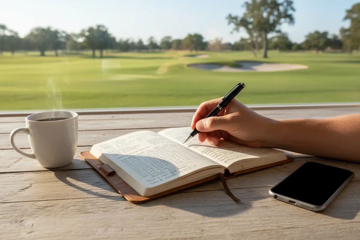 Mano de apostador con bolígrafo revisando un cuaderno de notas junto a un campo de golf al fondo