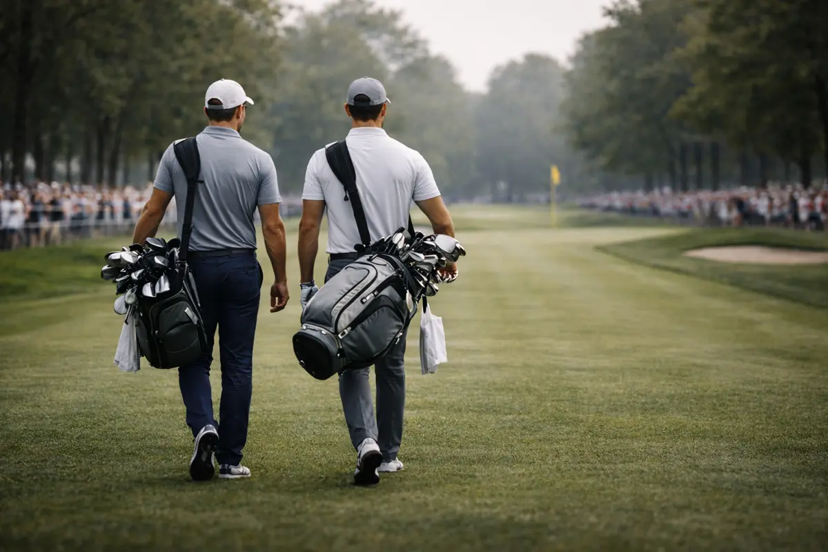 Dos golfistas caminando juntos por el fairway de un campo de golf profesional