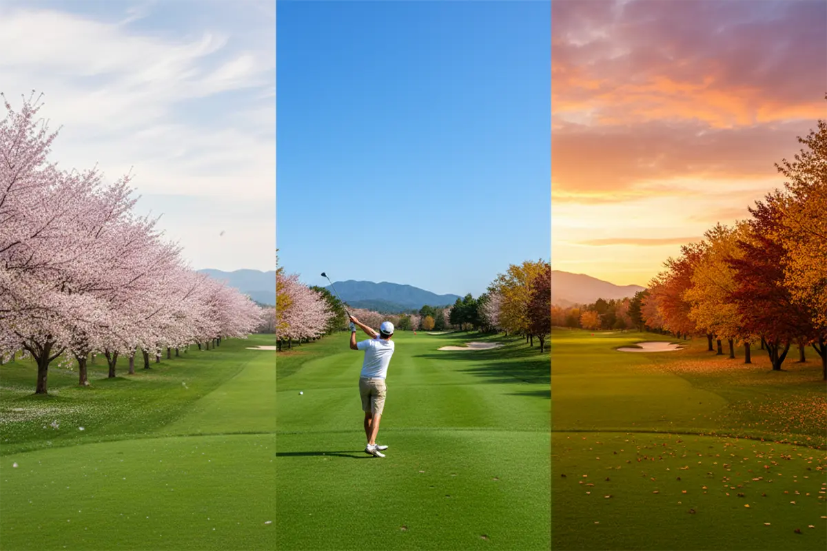 Vista panorámica de un campo de golf con las cuatro estaciones reflejadas en el paisaje