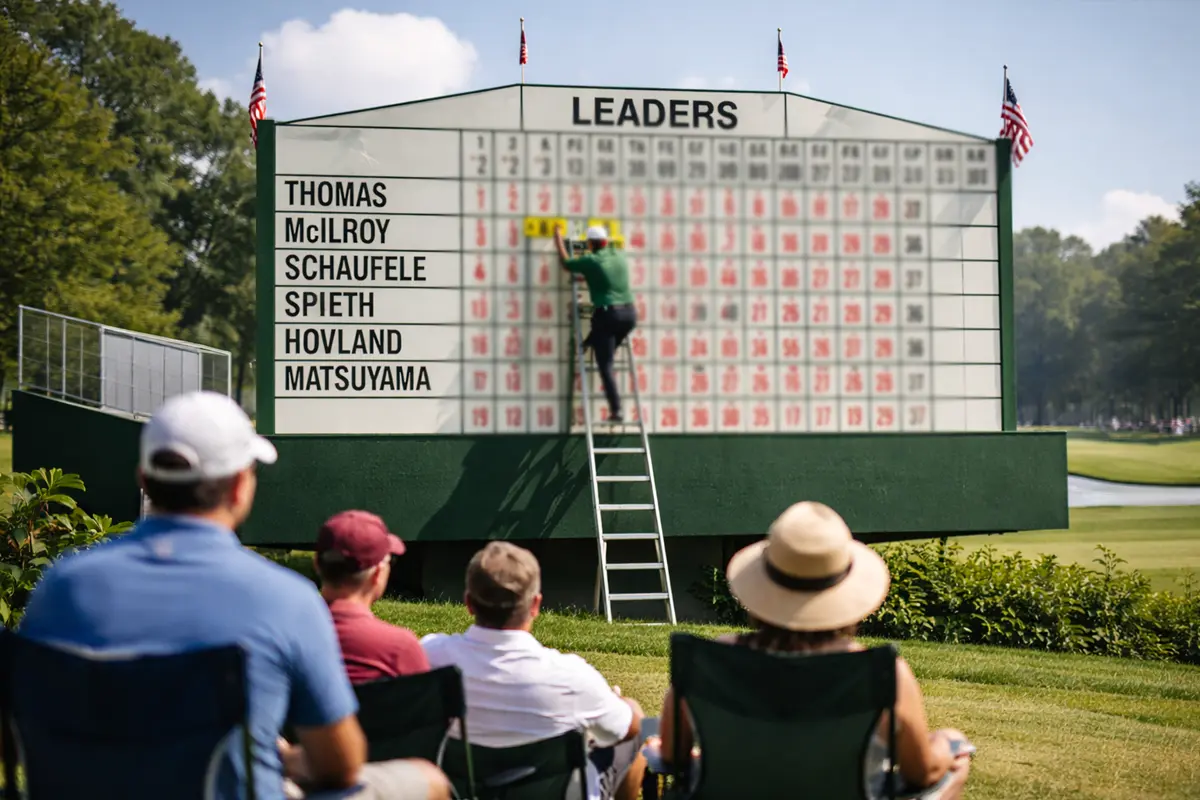 Tabla de clasificación de un torneo de golf con espectadores siguiendo la acción en directo