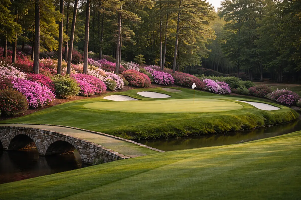 Vista del campo de Augusta National con azaleas en flor y un fairway impecable en primavera
