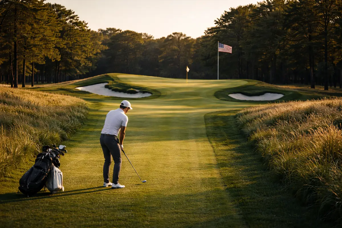 Campo de golf con rough denso y fairway estrecho durante el US Open