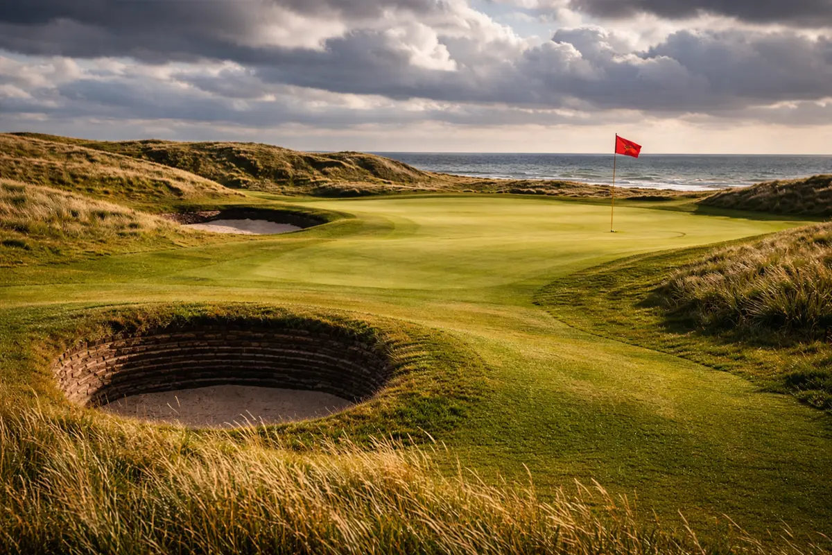 Campo de golf links junto a la costa con dunas y bandera ondeando por el viento