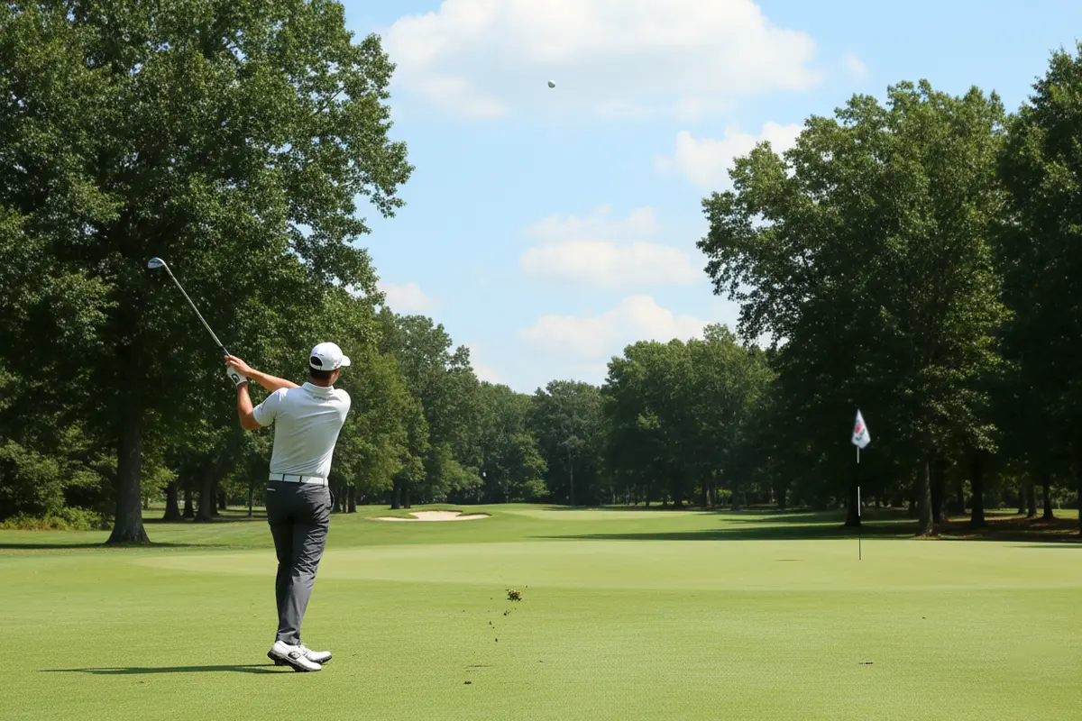 Golfista ejecutando un golpe de approach en un campo de campeonato durante el PGA Championship