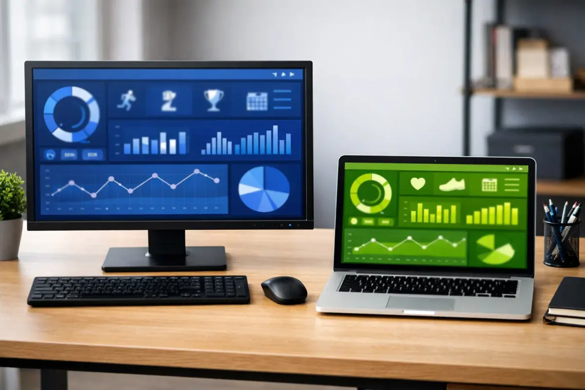 Escritorio con múltiples pantallas mostrando interfaces de aplicaciones deportivas