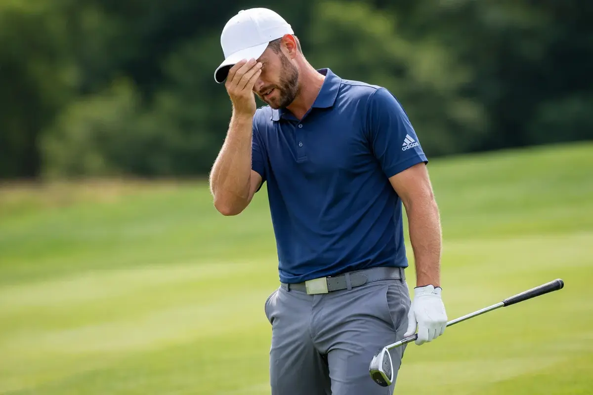Golfista frustrado con la mano en la cabeza tras un mal golpe en el campo
