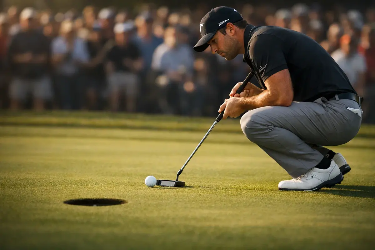 Golfista concentrado realizando putt decisivo en green de torneo
