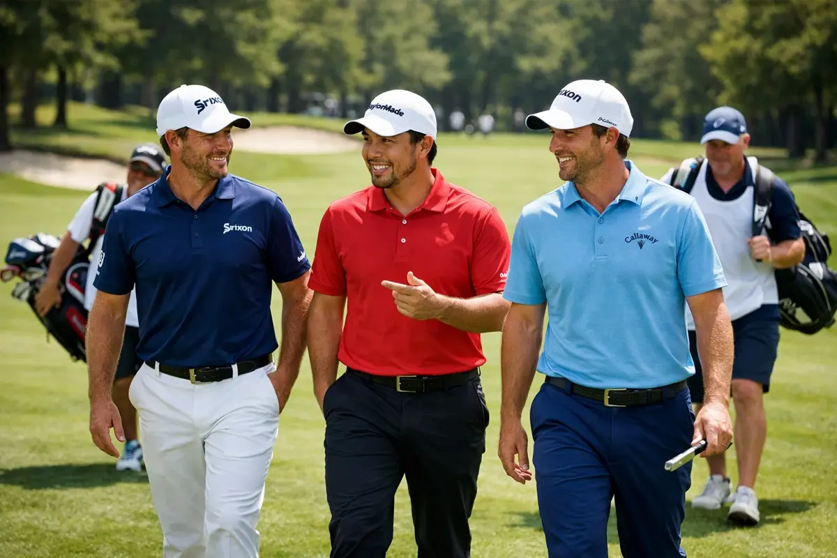 Golfistas profesionales compitiendo en torneo de golf en c&eacute;sped verde