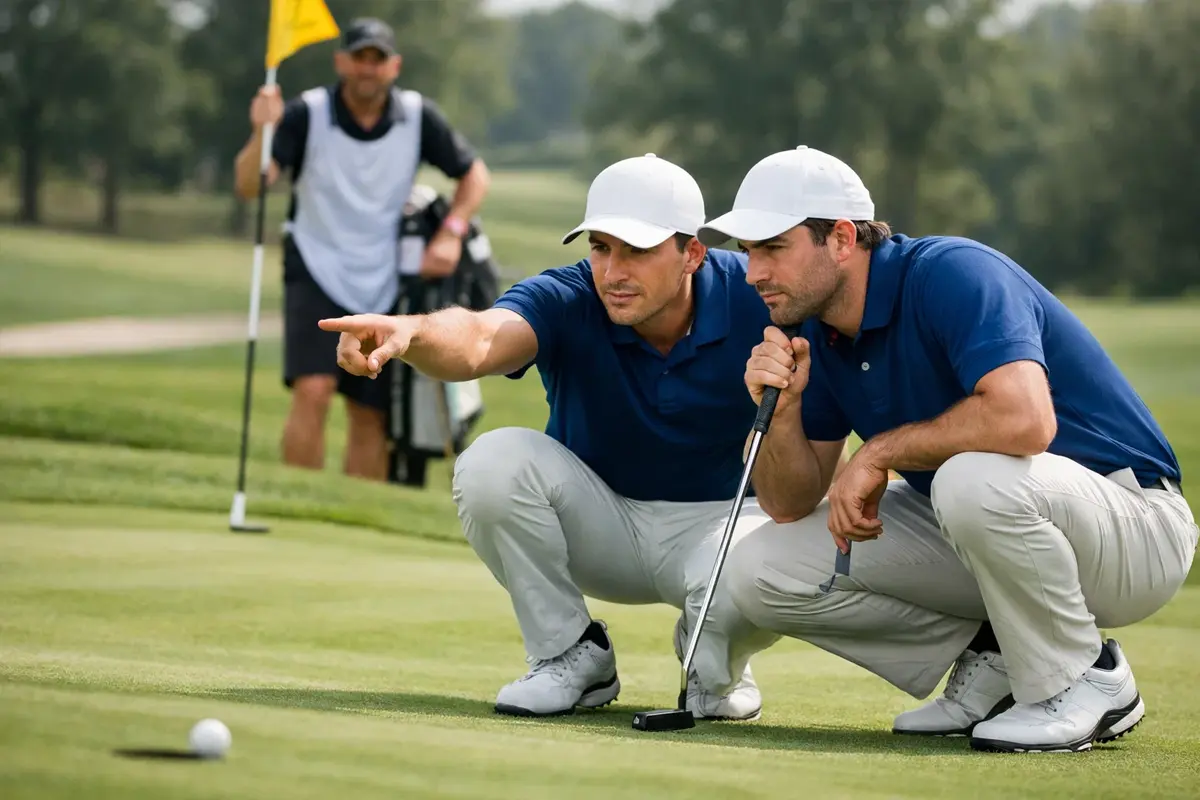 Pareja de golfistas profesionales analizando tiro en fairway verde