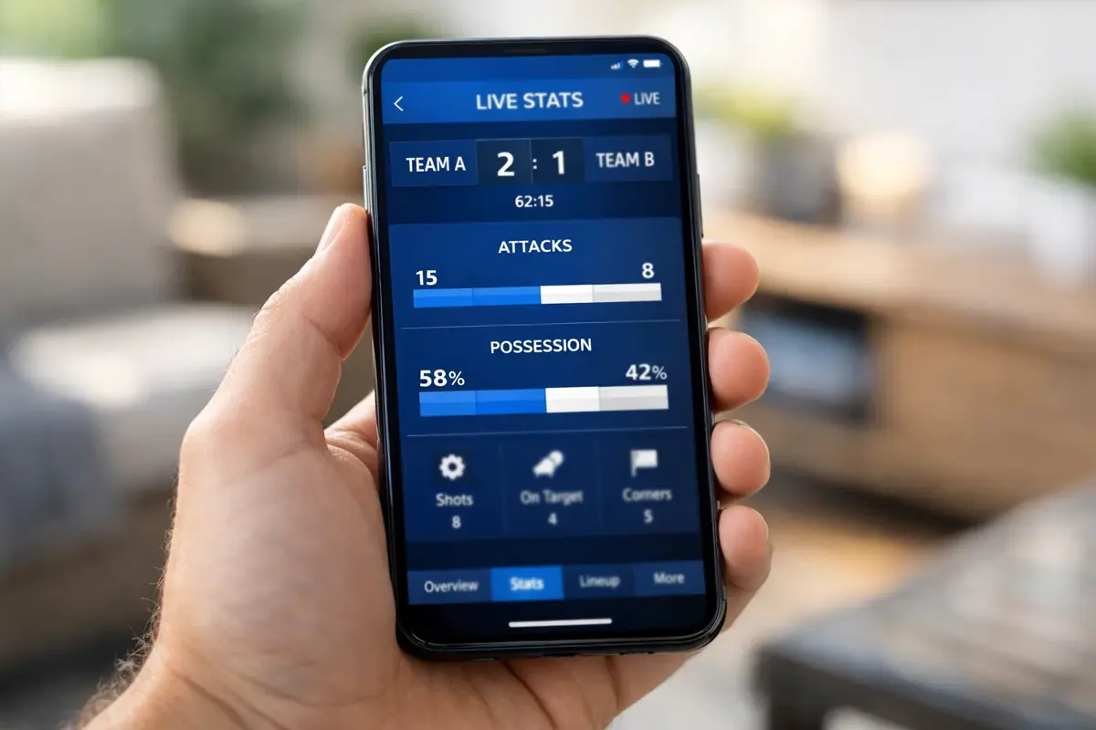 Smartphone mostrando aplicación de deportes con estadísticas en vivo