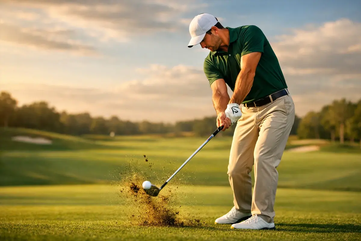 Golfista profesional ejecutando un swing durante un torneo de golf