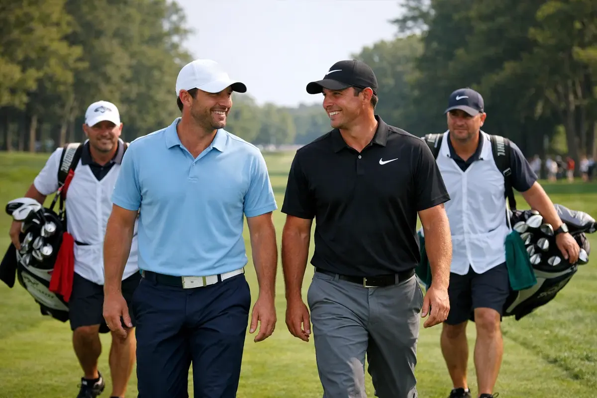 Dos golfistas caminando juntos por fairway en duelo directo
