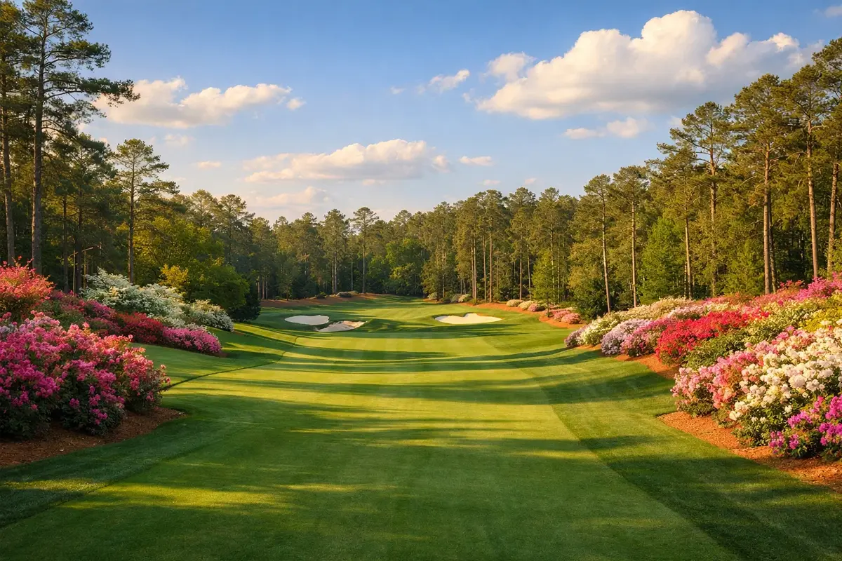 Campo de golf Augusta National con azaleas en flor y fairway verde