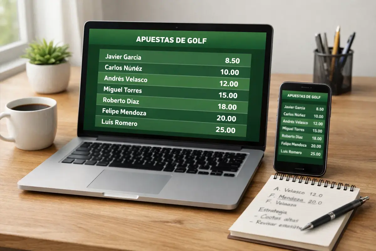 Pantalla mostrando diferentes tipos de cuotas y mercados de apuestas de golf