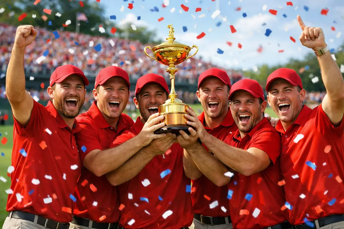 Equipo de golf celebrando victoria en la Ryder Cup con trofeo dorado