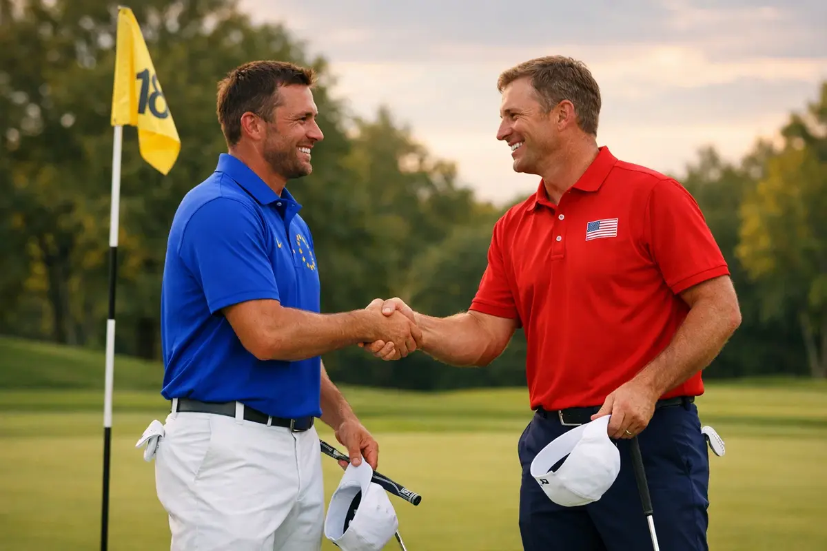 Golfistas de Europa y Estados Unidos estrechando manos en campo de golf