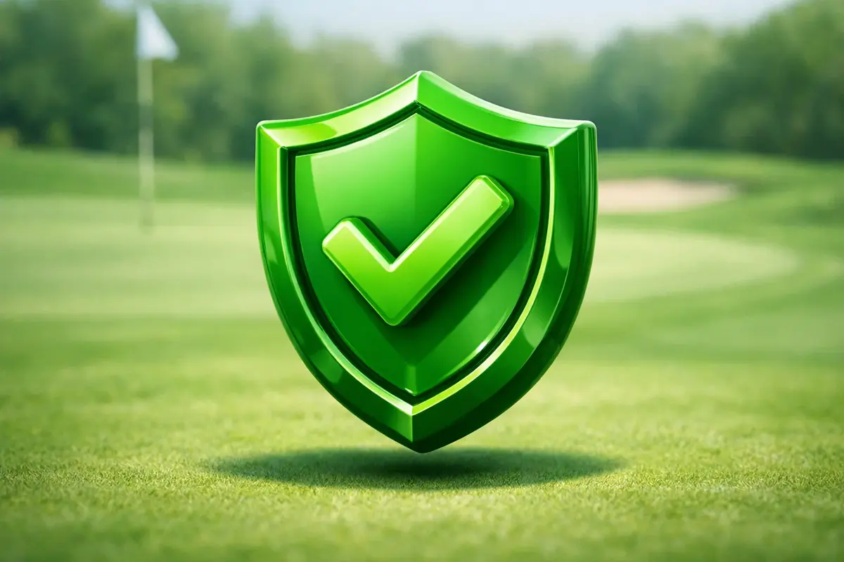 Icono de escudo de seguridad verde sobre fondo de campo de golf