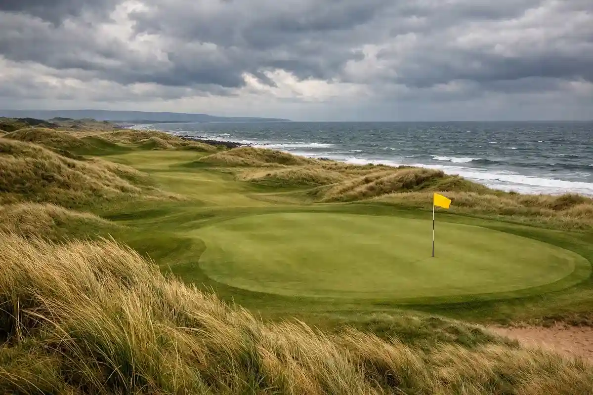 Vista panor&aacute;mica de campo de golf links con dunas y mar de fondo